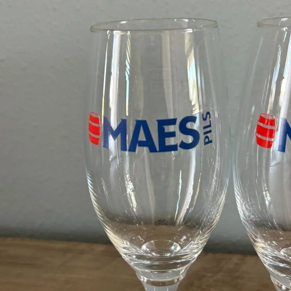 Maes‎ Pils Beer Glass Set of 4 Stemmed Tulip Logo 25cl Belgium Brewery